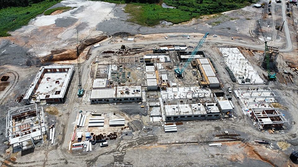 Aerial view of ground beams and stump foundations across a site